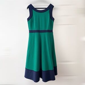 Lands’ END Green Navy Colorblock Dress w/ Pockets Size 12 Fit & Flare Preppy L